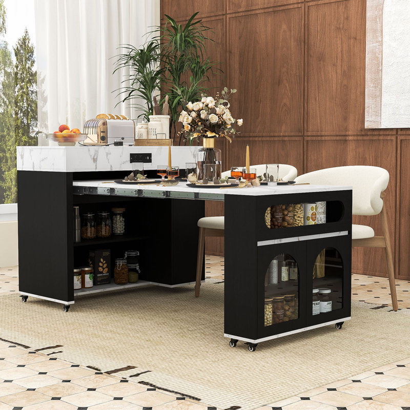Îlot de cuisine avec tiroirs, prise de courant et armoire de rangement, Noir