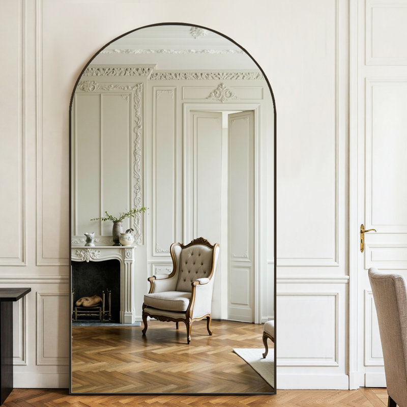 Large Oversized Arched Floor Mirror With Stand, Wall Mirror, 83" x 44", Matte Black