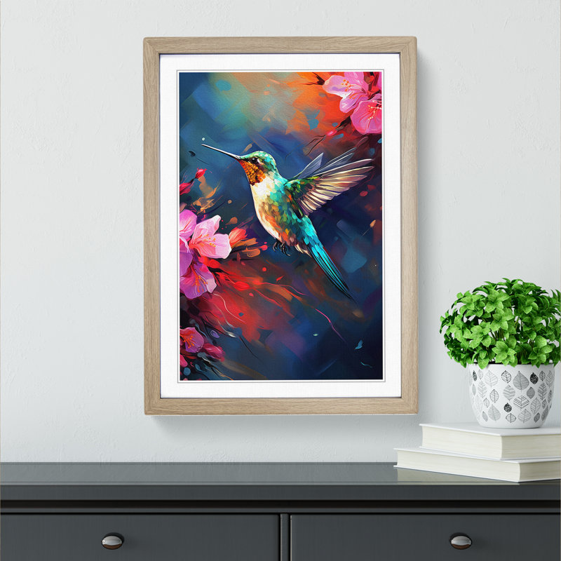 Hummingbird Tachisme - Framed Print, Oak Framed, 46cm H x 34cm W x 2cm D