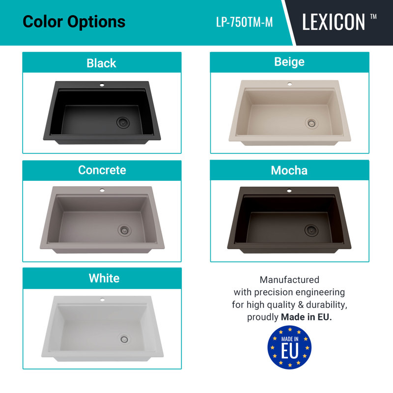 LEXICON 33" x 22" Workstation Kitchen Sink, Platinum Quartz Kitchen Sink, Single Bowl Sink, Drop-in Sink, Undermount Sink, Granite Kitchen Sink, with wooden cutting board, rollup drain mat, Steel Grids and Basket Strainer, Disposal Flange