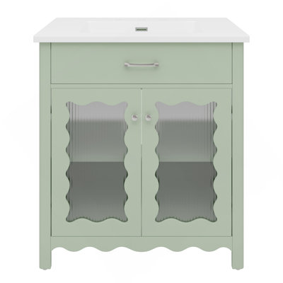 Meuble-lavabo 30 po avec verre trempé, armoire de salle de bain moderne avec pieds en bois d'hévéa et portes à fermeture en douceur, vert