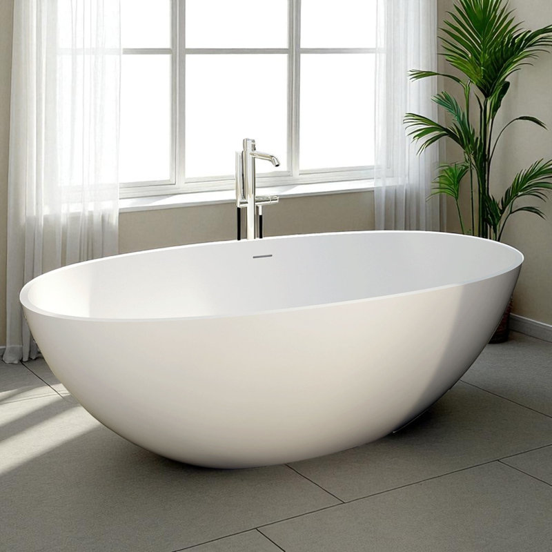 KISRAIS 65"x30" Solid Surface Freestanding Soaking Bathtub, Matte White