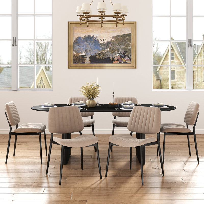 Ensemble de salle à manger ovale, table de salle à manger 70 po et chaises rembourrées en lin, Noir, 7 pièces, Beige