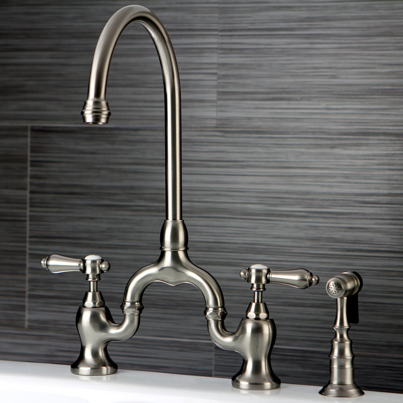 Kingston Brass Heirloom Two-Handle 3-Hole Deck Mount Bridge Kitchen Faucet with Brass Side Sprayer, Brushed Nickel