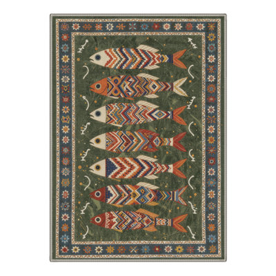 Arnella Geometric Machine Washable Green Indoor Area Rug with Non-Slip Backing