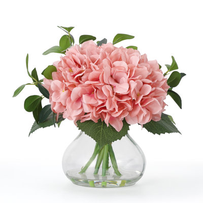 Ensemble de 7 fleurs d'hortensias artificielles en soie, arrangement de fausses fleurs avec vase en verre et eau artificielle pour la décoration intérieure, bouquet de mariage et centres de table