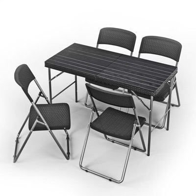 Rattan Effect Metal Folding Table & 4 Chairs Set