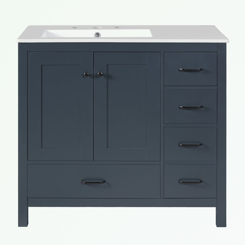 Meuble-lavabo de salle de bain avec lavabo en céramique, 2 portes à fermeture douce et 5 tiroirs, Bleu