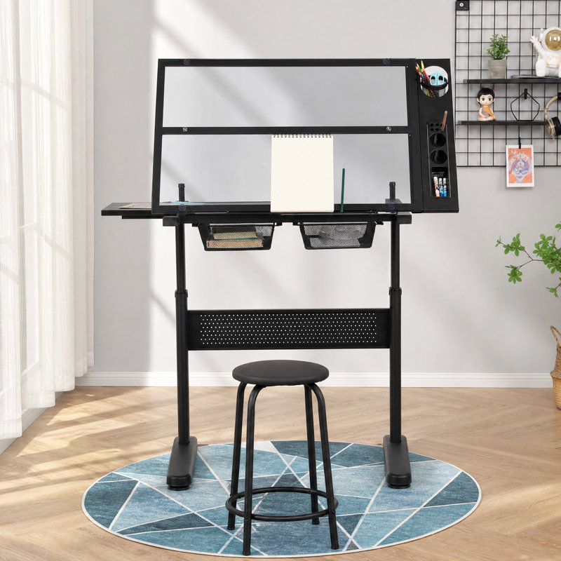 Table de dessin moderne en verre avec tabouret, hauteur réglable de 35 po x 24 po avec plateau inclinable, tiroirs et tablette coulissante Williston Forge, noir GAF-6I2I-42