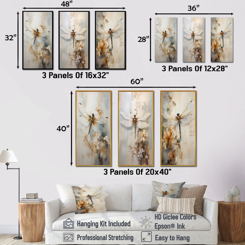 Libellule délice - ensemble de 3 impressions sur toile libellule, H 40 po x l 60 po, Cadre flottant brun