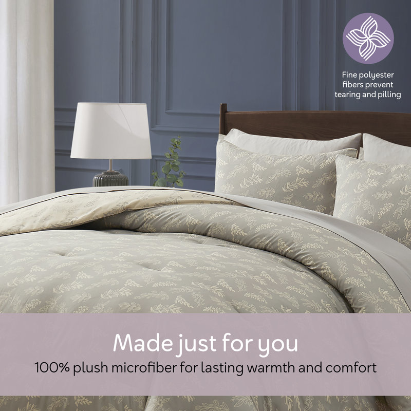 Nestl Botanical Bed in a Bag 7 piece Comforter Set with Sheets & Pillow Shams, Lunar Gray/Pale Champagne