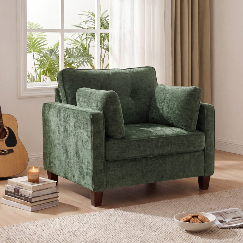  40.9" Oversized Accent Chair With 32" Extra-wide Seat, 6.7" Thick Cushion Comfy Tufted Armchair With Solid Wood Legs And 2 Pillows, Chenille