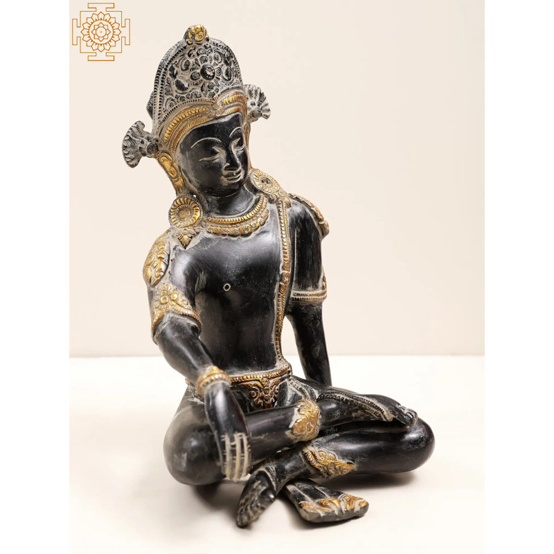 9" Brass Lord Indra Statue – Antique Black Gold Handcrafted Nepalese Buddhist Deity Figurine for Spiritual Home and Temple Décor