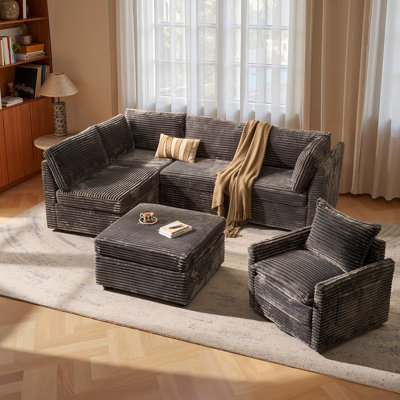 Hogle 6-Piece Plush Corduroy Modular L-Shape Sectional Sofa Set With Swivel Chair And Ottoman, Modern Living Room Furniture Set