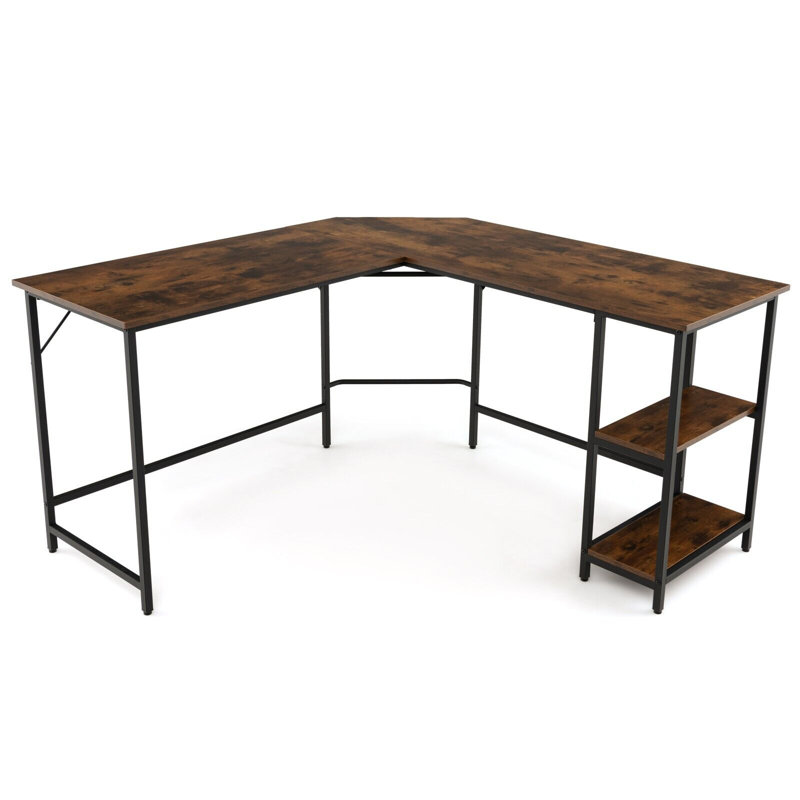 Amekia L-Shaped Metal Base Computer Desk, Brown