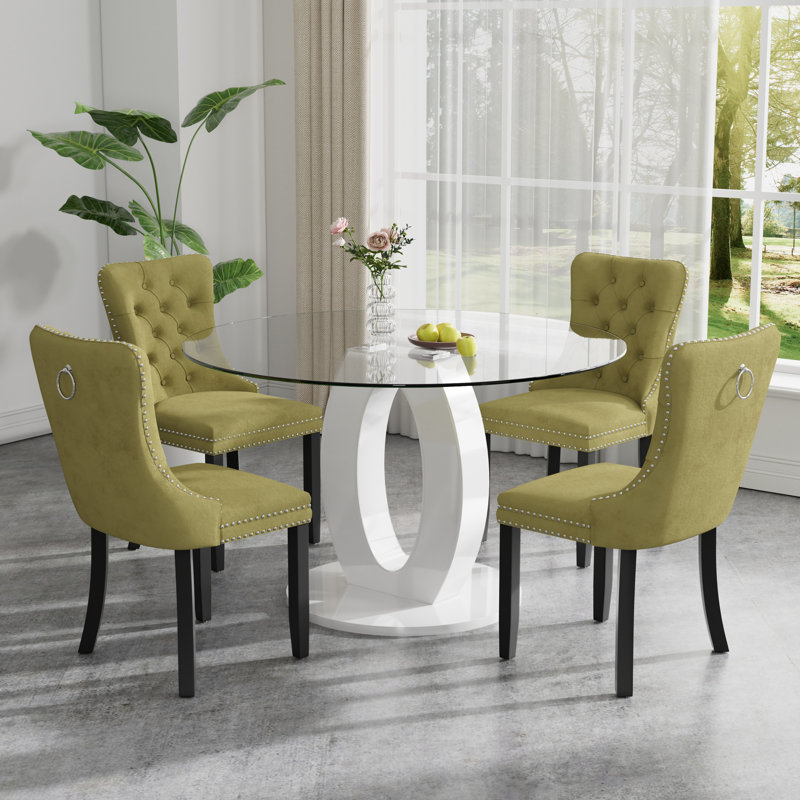 High Gloss Round Dining Table Set with 4 Velvet Dining Chairs, Olive Green/Black