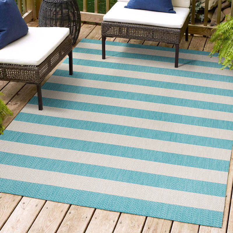 Claren Two-Tone Wide Stripe Aqua/Cream Indoor/Outdoor Rug, Rectangle 7'10" x 10'