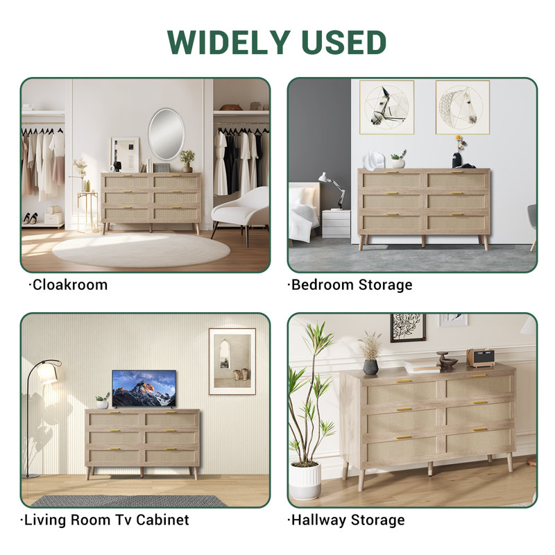 Commode en rotin naturel pour chambre à coucher, commode à 6 tiroirs avec poignées en métal doré, commode de ferme avec 5 pieds robustes pour le salon, le couloir, l'entrée, le chêne