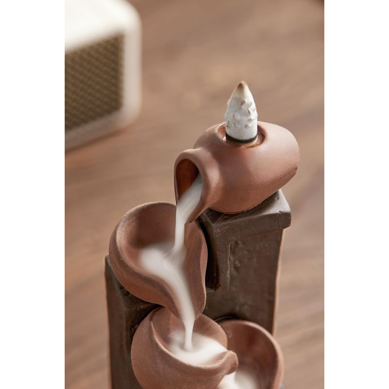 Unique Cascading Basins Ceramic Waterfall Incense Holder, Paired With A Pack Of Backflow Incense Cones. (Primary)