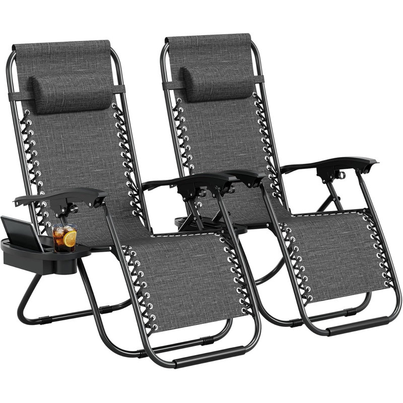 Set of 2   Chairs with Pillow & Cup Holder Tray. Adjustable Reclining Patio Lounge. Folding Portable Camping Chair for Deck. Beach. Yard. Garden