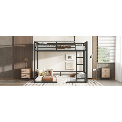 Metal Bunk Bed, Twin XL Over Twin XL Floor Bunk Bed Frame, Heavy-Duty Bunk Bed For Kids, Teens, Adults, Noise-Reduced Design, Black