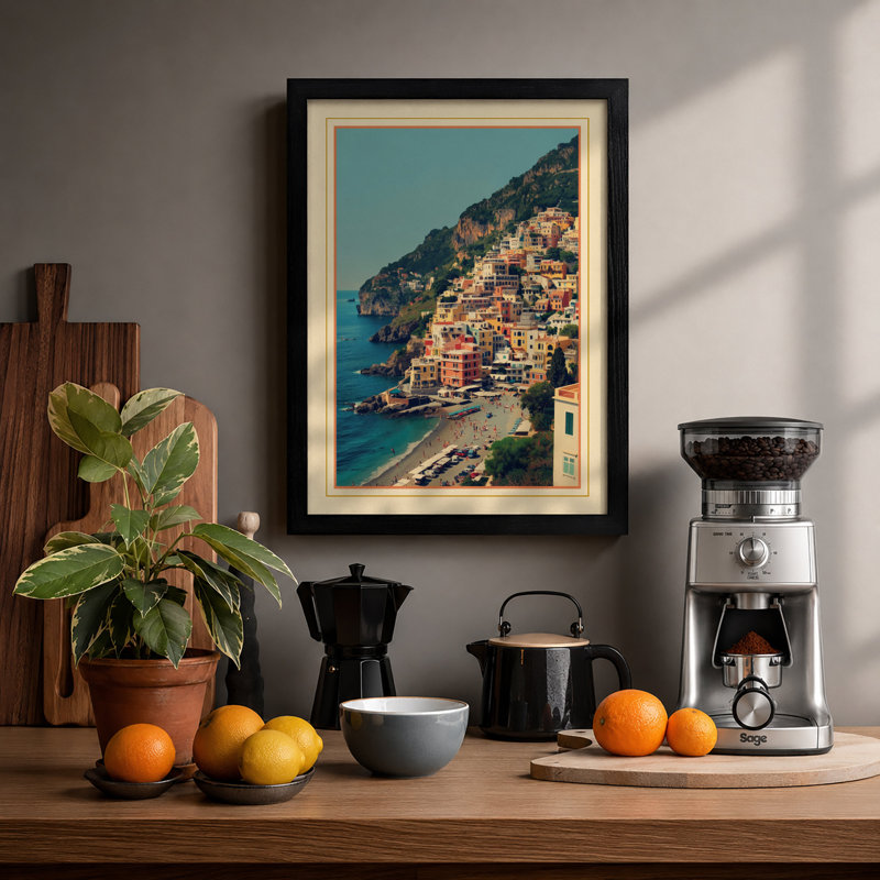 Coastal Village In Blue Japandi - Print, Black, A3 - 42.0 x 29.7 cm