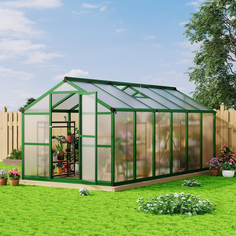 Serre en polycarbonate pour l'extérieur - Cadre en aluminium robuste de 8 x 12 pi - Évent de toit réglable, porte coulissante verrouillable, poignée sécurisée, ouvre-fenêtre en plastique - pour le jardin, le patio, la cour