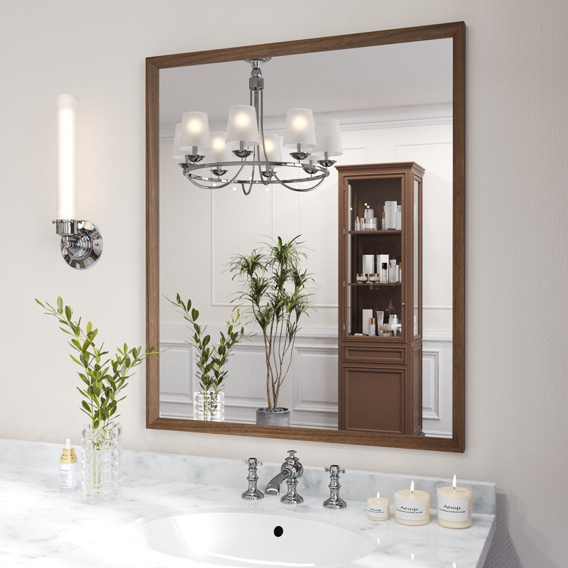 Walnut Wood Grain Framed Rectangle Bathroom Mirror, Wall Mounted Vanity Mirror with 4 MM Tempered Glass, 36" x 24"