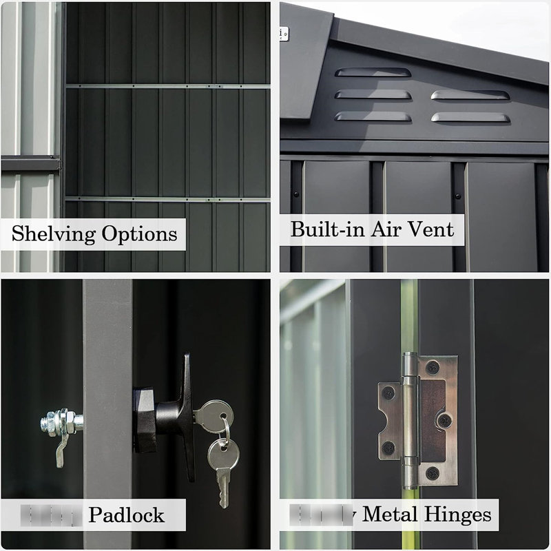 Armoire de rangement extérieure en acier galvanisé 10 pi x 8 pi 450 pieds cubes Pour les articles de sport, les poubelles. Antirouille, protégé, verrouillable, ventilé. Cour arrière élégante, patio, pelouse. Noir 10 pi x 8 pi, vélo massif