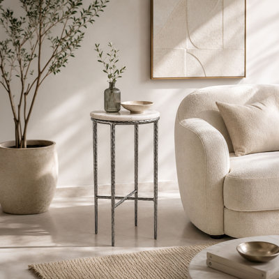 Minza Accent Side End Table, Modern White Marble Round Top, Hand Forged, Hammered Antique Nickel Finish, 24 Inch