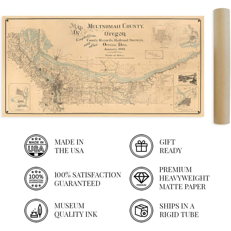 «1889 Multnomah County Oregon Map», art mural sur papier, H 12 po x l 24 po x P 0,1 po