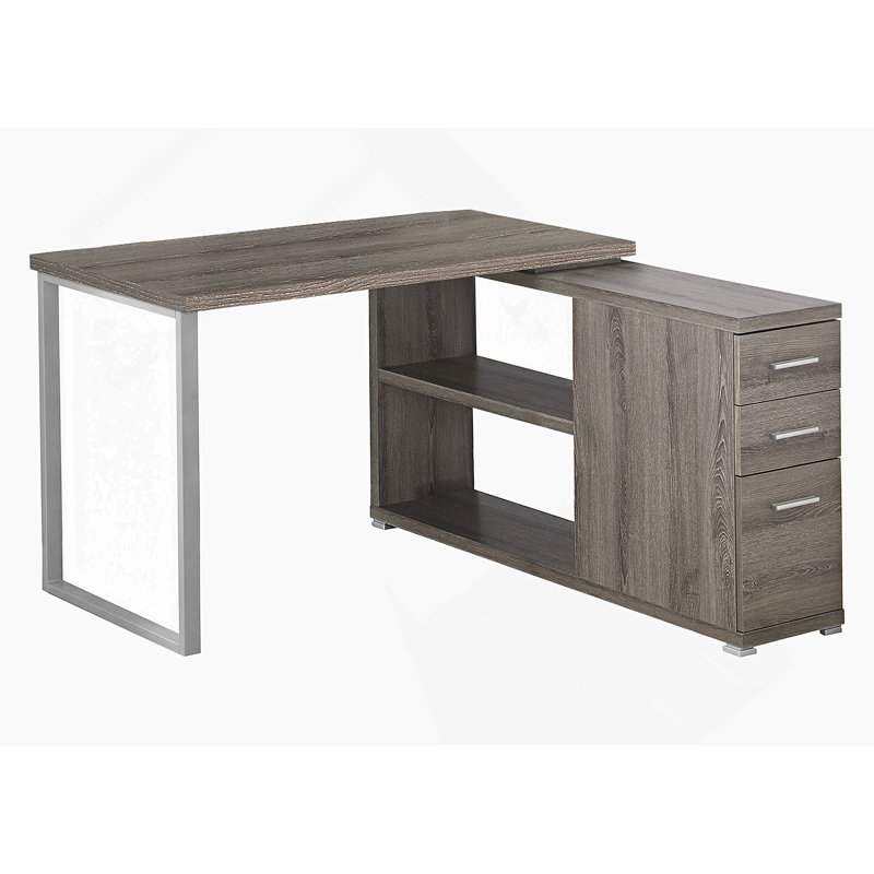 Bureau d'ordinateur contemporain en L avec configuration à gauche ou à droite, tiroirs de rangement et structure en métal gris pour un bureau à domicile moderne