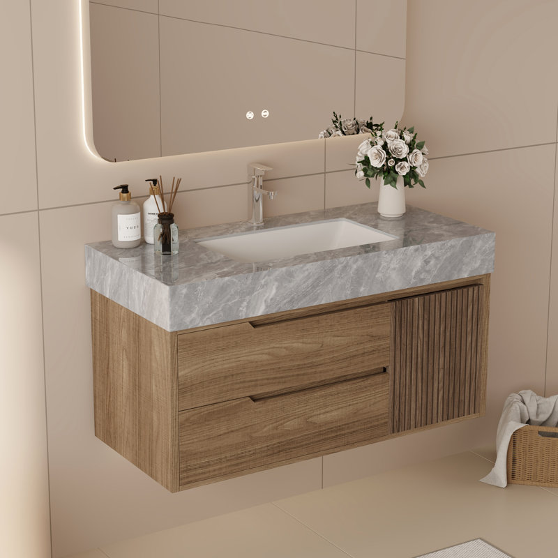 Meuble-lavabo mural 36 po Mid Century Modern, lavabo simple, texture bois brun avec plateau en pierre frittée