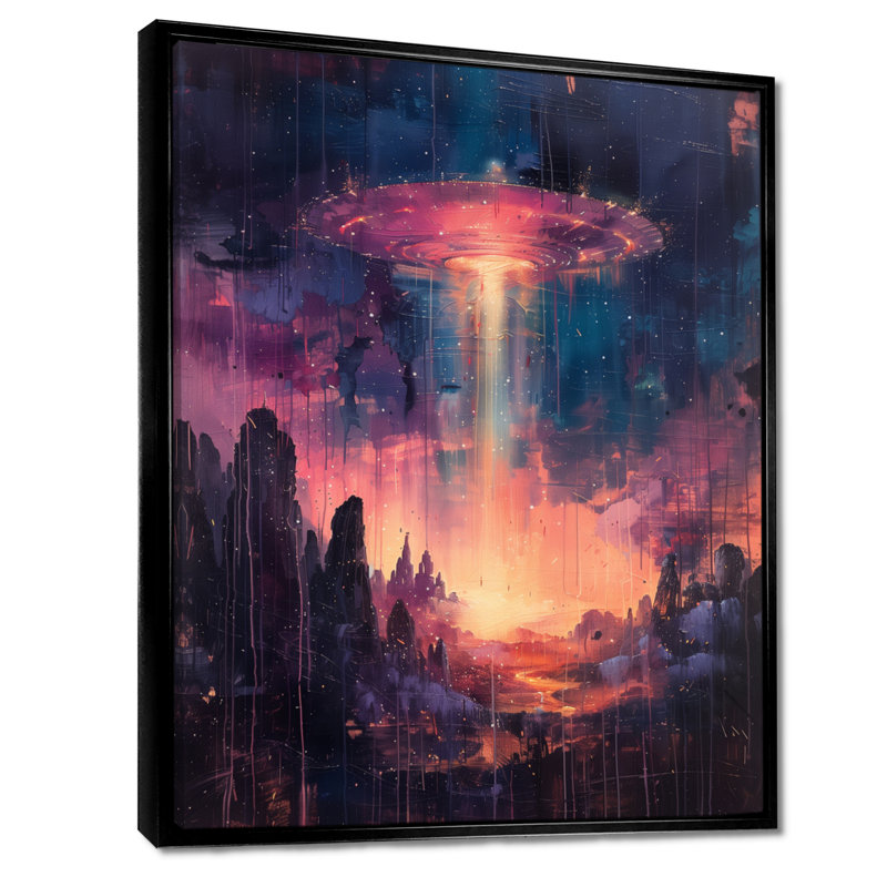 Rose et bleu interstellaire Ufos I - Art mural Ufos, Cadre flottant noir, bois massif, H 34 po x l 44 po