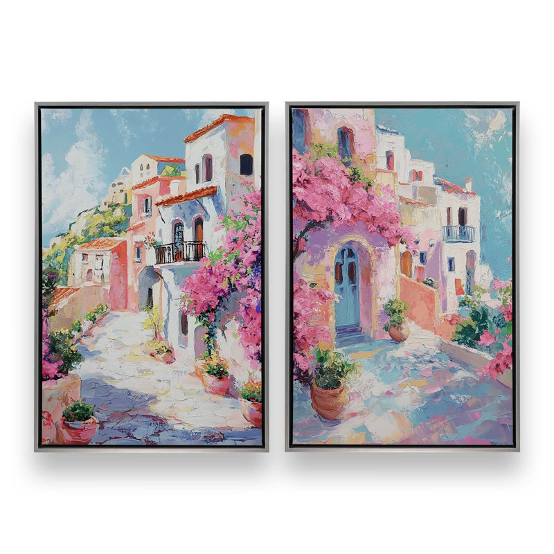 Ensemble de 2 impressions Amalfi Blooming Pathway, 48 po x 32 po, Cadre flottant en chrome poli