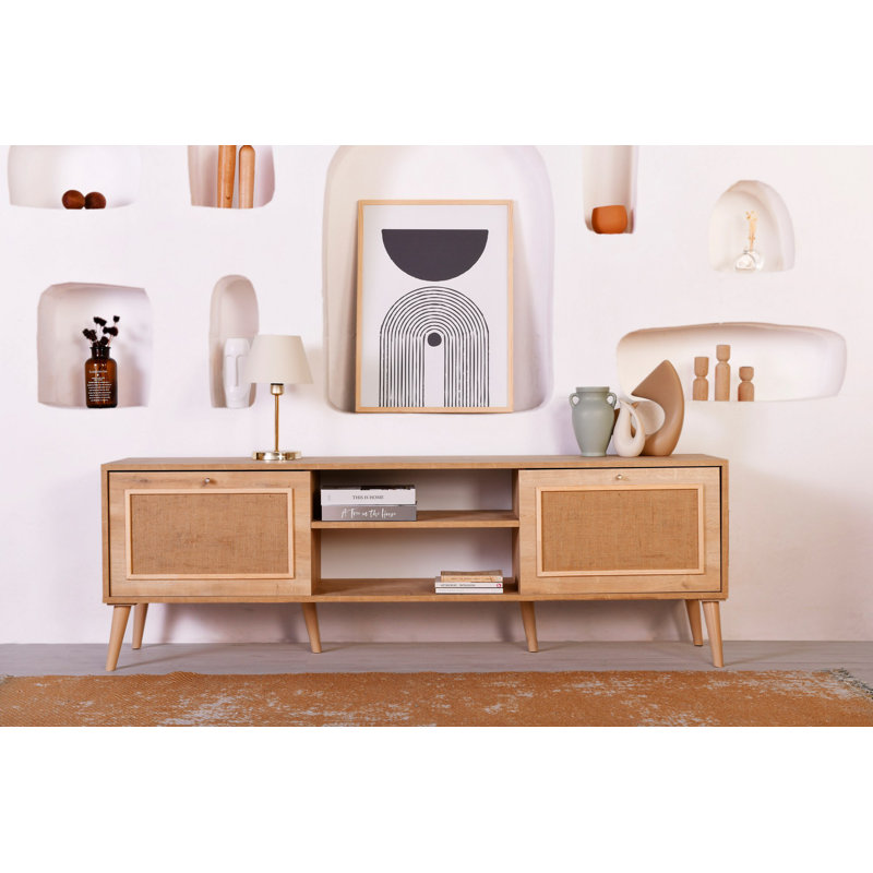 Meuble télé 70,9 po x 21,7 po x 15,7 po Modern Modern 100% panneau de particules enduit de mélamine, tissu de jute | Design scandinave, robuste et élégant pour les centres de divertissement de salon