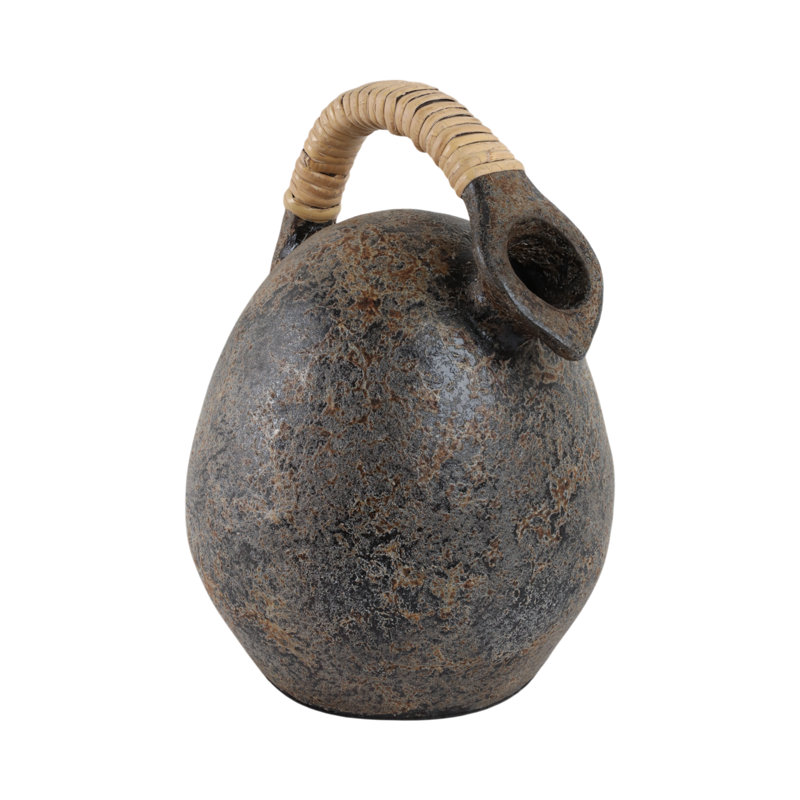 Vase Pottery Terracotta Textured Finish with Woven Handle Gray for Home Office Bedroom Living Room Decor.