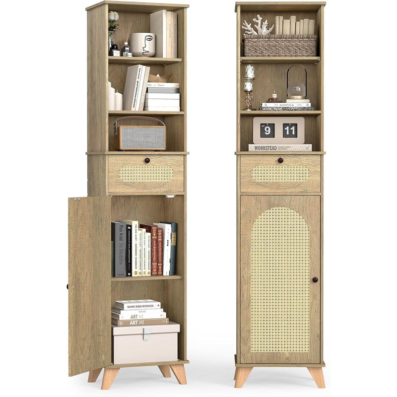 Grande armoire de rangement étroite pour salle de bain avec portes en rotin, armoire autoportante 67 po