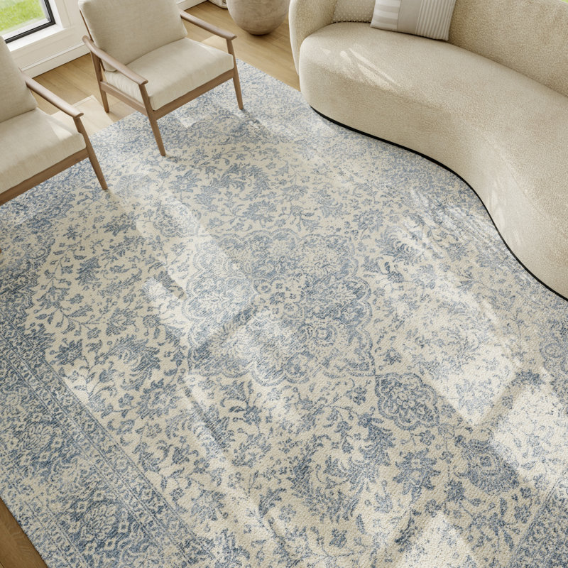 Tapis d'intérieur vintage Azalea 2,97 m x 4,19 m, bleu ivoire, Ivory Blue, Rectangle 9 pi 9 po x 13 pi 9 po