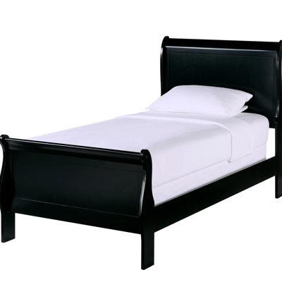 Lit simple au fini noir de style traditionnel, structure en bois, tête de lit et rails, base de finition nécessaire, rails inclus, sommier tapissier nécessaire