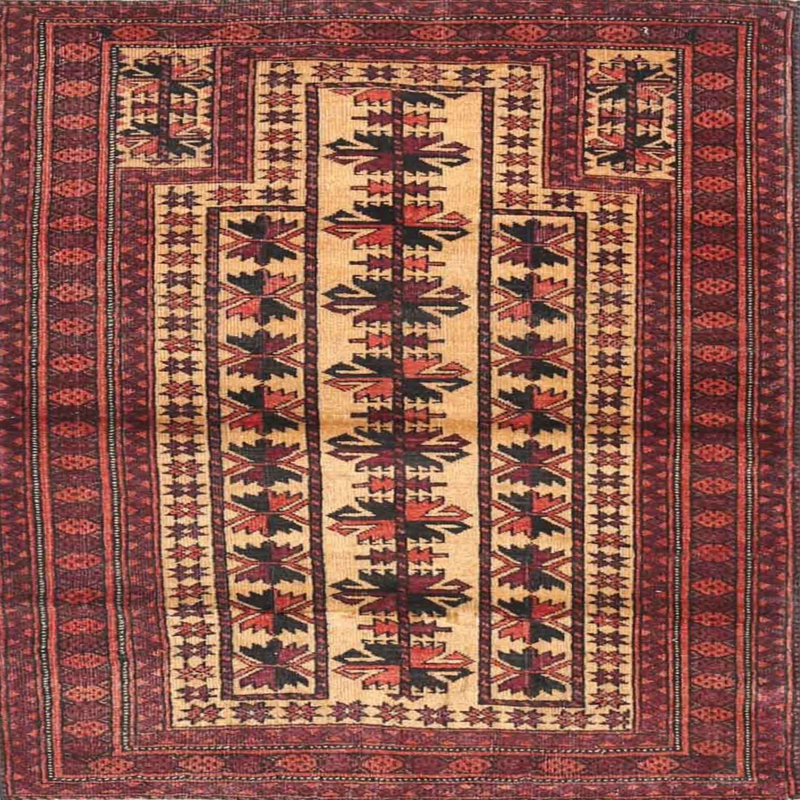 Tapis traditionnel rouge / beige, Carré 7 pi