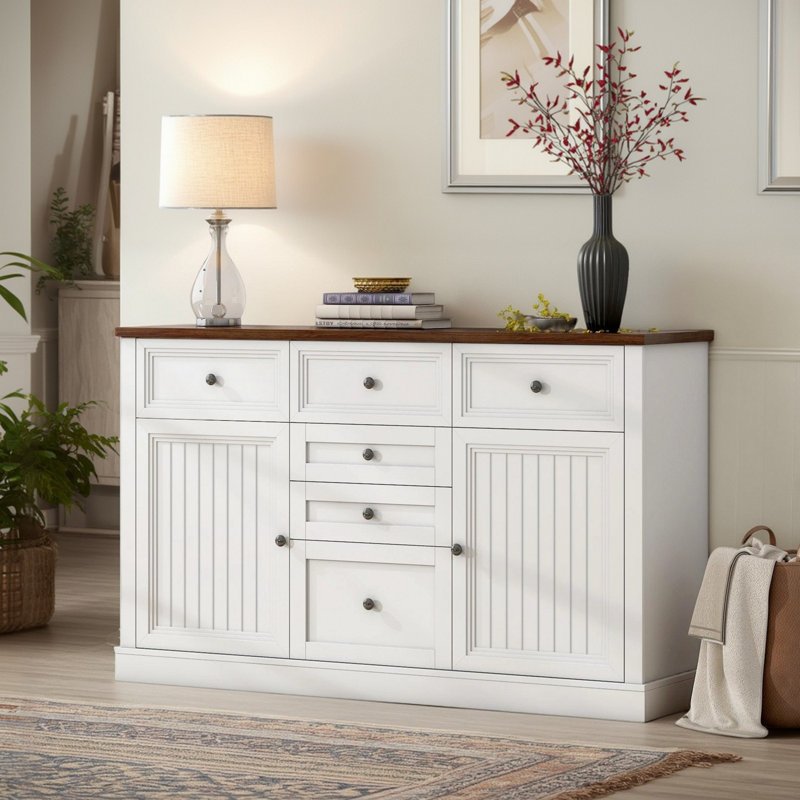 Ravent 57.4" Buffet Cabinet with Storage, Sideboard Buffets Cabinet with 2 Doors and 6 Drawers, White