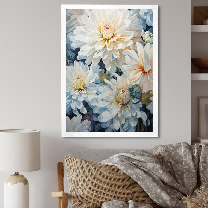 Minimalisme «Blooming Mums» en bleu et blanc V sur toile, Cadre simple blanc, H 32 po x l 24 po x P 1 po
