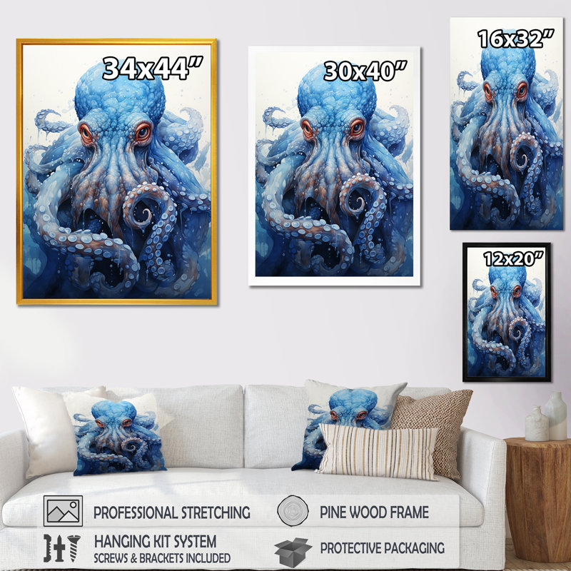 Angry Marine Grace Octopus - Octopus / calmar animal, art mural, Toile tendue, H 32 po x l 24 po x P 1 po