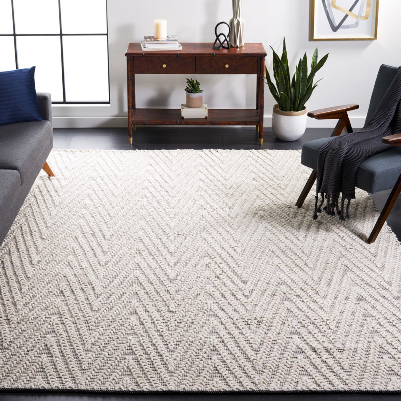 Meudon Natura Flat Weave Wool/Cotton Chevron Rug in Black/Ivory, Rectangle 9' x 12'