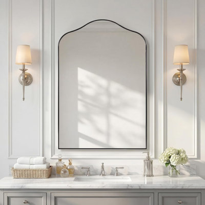 Aremi Contemporary Scalloped Arch Top Bathroom Vanity Mirror | Stainless Steel Frame