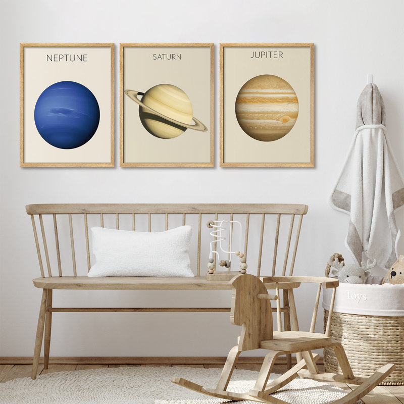 Planète du système solaire, reproduction d'art encadrée - Neptune, Saturne et Jupiter, ensemble d'art mural éducatif sur 3, décor d'inspiration astronomique moderne pour chambre d'enfant ou bureau