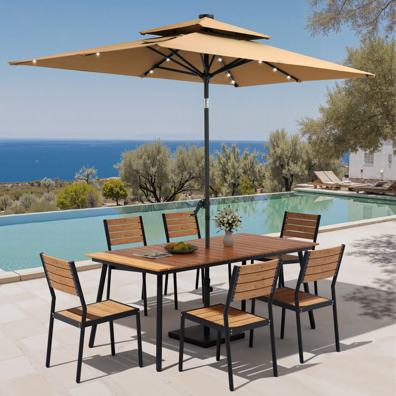 6-Person Aluminum Outdoor Dining Set With Stacking Chairs, Solar LED Light Umbrella And Weighted Base, Tan