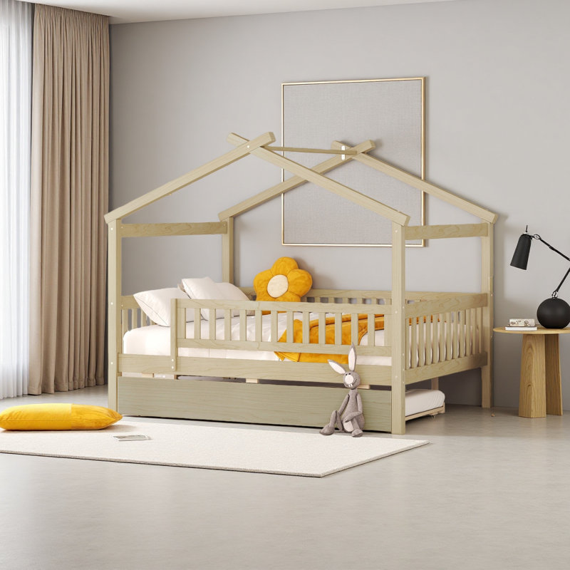 Wooden House Bed With Twin Size Trundle, Natural, Full