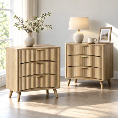 Ensemble de 2 tables de chevet cannelées de grande taille (31,5 po), 3 tiroirs, en bois, dimensions : 74,5 cm (29,35 po) H x 80 cm (31,5 po) L x 40 cm (15,75 po) P
